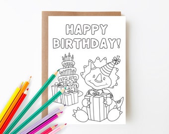 Printable Dinosaur Coloring Card, Dino Birthday Card, Birthday Card for Kids, Color Your Own Card, 5x7 Card, Digital Download