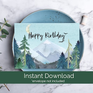Tarjeta de cumpleaños de montaña imprimible, tarjeta para él, tarjeta de papá de la naturaleza, tarjeta de felicitación para hombres imprimible, diseño de paisaje de montaña