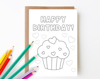 Printable Happy Birthday Coloring Card, Cupcake Birthday Card, Birthday Card for Kids, Color Your Own Card, 5x7 Card