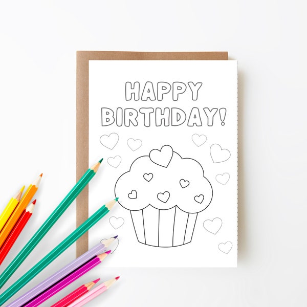 Printable Happy Birthday Coloring Card, Cupcake Birthday Card, Birthday Card for Kids, Color Your Own Card, 5x7 Card