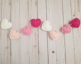 Pink Ombre Puffy heart garland - valentine decor - hearts decor - fireplace decor - crochet heart garland - heart bunting - MADE TO ORDER