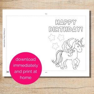 Druckbare Einhorn Geburtstags Malkarte, Happy Birthday Karte, Geburtstagskarte für Kinder, Farbe deine eigene Karte, 5x7 Karte Bild 2
