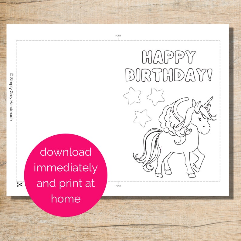 Printable Unicorn Birthday Coloring Card, Happy Birthday Card, Birthday Card for Kids, Color Your Own Card, 5x7 Card image 2