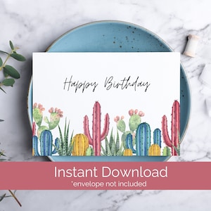 Carte d'anniversaire imprimable cactus, carte pour elle, carte de voeux imprimable, carte paysage désertique, carte à téléchargement immédiat