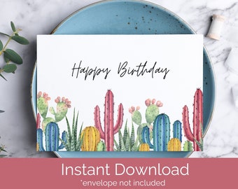 Printable Cactus Birthday Card, Card for Her, Printable Greeting Card, Desert Landscape Card, Instant Download Card