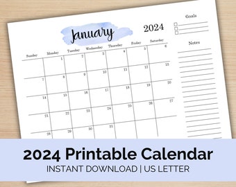 2024 Monthly Watercolor Calendar, Minimal Planner, Landscape Planner, Printable Calendar - Instant Download