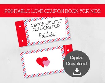 Printable Kids Coupon Book - Kids Reward Coupons - Valentine Gift for Kids - Instant Download