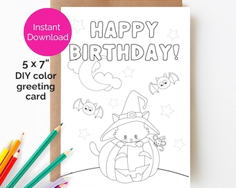 Halloween Birthday Card, Printable Birthday Card, Coloring Card, Halloween themed Birthday Card for Kids,Color Your Own Card, 5x7 Card