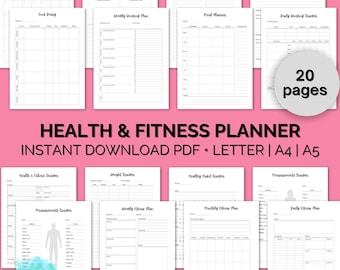 Health & Fitness Printable Planner, Fitness Tracker, Wellness Journal, Minimalist Planner, Letter/A5/A4 - Instant Download