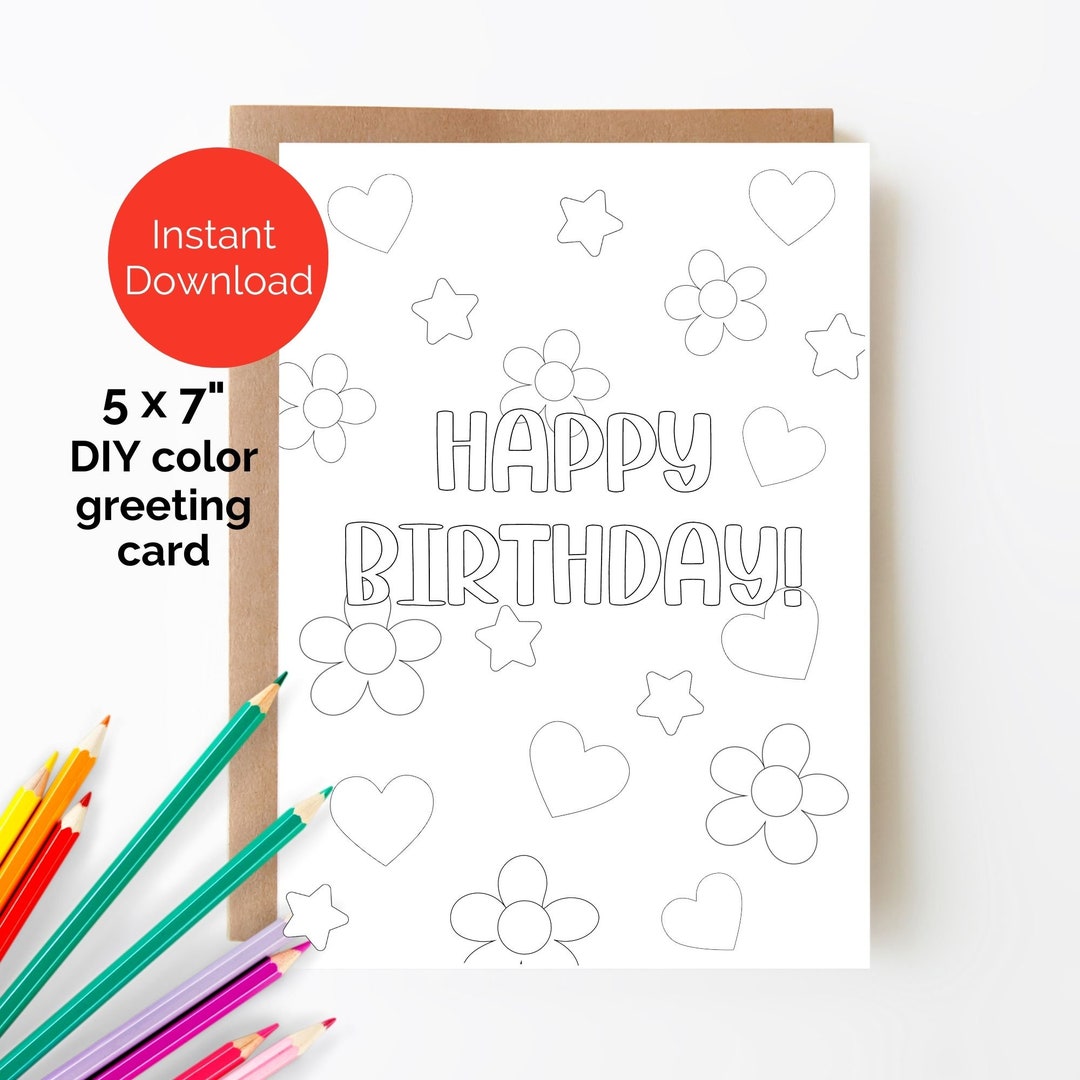 Color Your Own Birthday Card Printable, Flower Power, Flowers and