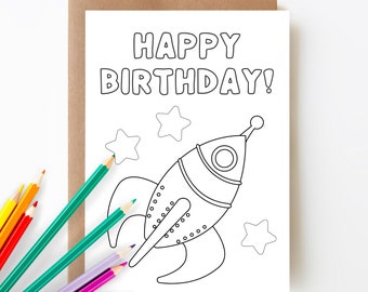 Spaceship Birthday Card Printable, Coloring Birthday Card, Space Birthday Card for Kids, Color Your Own Card, 5x7 Card