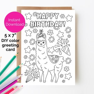 Cartão para colorir de aniversário de lhama imprimível, cartão de feliz aniversário, cartão de aniversário para crianças, pinte seu próprio cartão, cartão 5x7