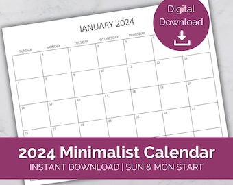 2024 Minimalist Calendar, Minimal Planner, Sunday & Monday Start Printable Calendar - Instant Download