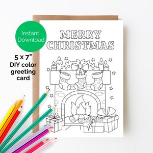 Tarjeta para colorear de Feliz Navidad para imprimir, tarjeta navideña para niños, tarjeta navideña para niños, tarjeta para colorear, tarjeta de 5 x 7