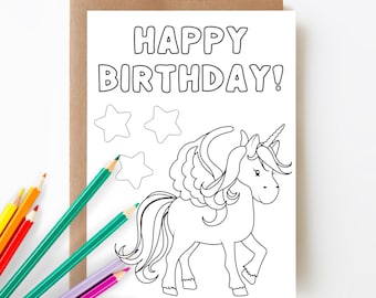 Printable Unicorn Birthday Coloring Card, Happy Birthday Card, Birthday Card for Kids, Color Your Own Card, 5x7 Card