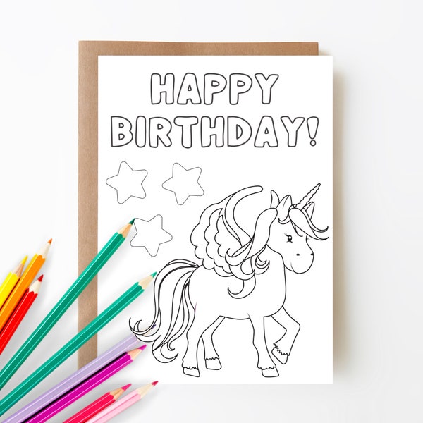 Printable Unicorn Birthday Coloring Card, Happy Birthday Card, Birthday Card for Kids, Color Your Own Card, 5x7 Card