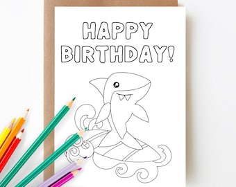 Printable Happy Birthday Coloring Card, Shark Birthday Card, Birthday Card for Kids, Color Your Own Card, 5x7 Card