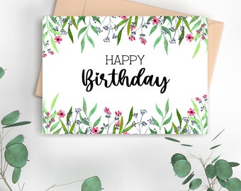 Birthday Card For Her, Printable Birthday Card, Happy Birthday, Instant Download Greeting Card, 5x7 Card, Wildflower Design