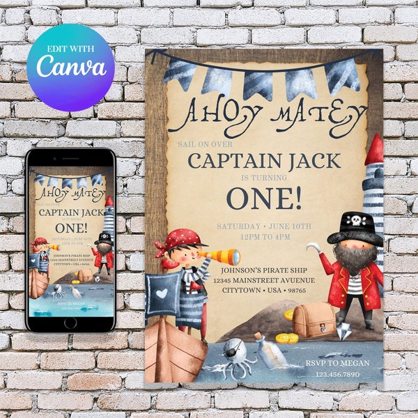 Ahoy Matey Pirate Birthday Invitation, Pirate Birthday Invite, 5x7, editable Digital file