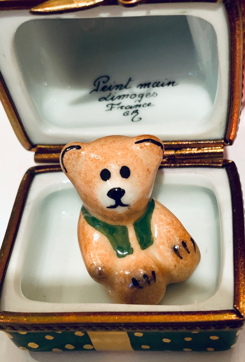 Limoges Stacked Christmas Presents Box with a Teddy Bear inside and Joyeux Noel on the Boxes...Retired...Mint!