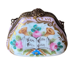 Monedero vintage de color rosa suave de Limoges con cadena y partituras… Retirado… Alrededor de los años 80