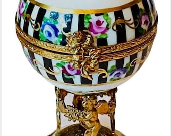 Limoges Box…Floral Globe Box with Roses…Four Cherubs on Pedestal…Rare…Retired…Mint
