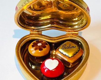 Gold Heart Chocolate Box with Red Bow...Candies...Limoges Box...Retired