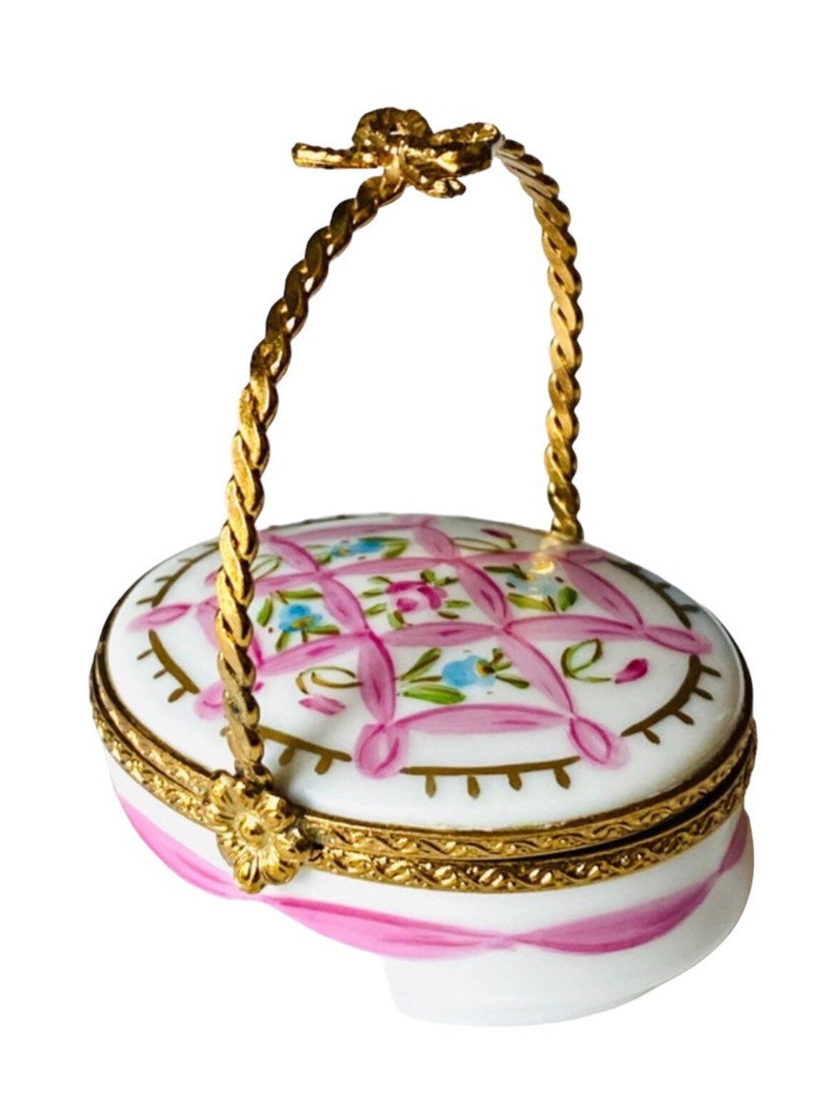 Limoges Basket With Hand Painted Flowers Woven Brass Handle Etsy