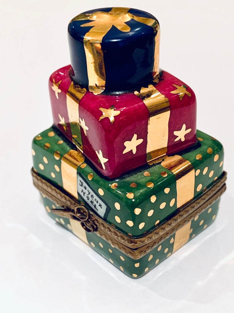 Limoges Stacked Christmas Presents Box with a Teddy Bear inside and Joyeux Noel on the Boxes...Retired...Mint!