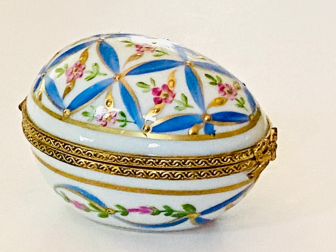 Limoges Egg Shape Blue and White Box With Pink Etsy