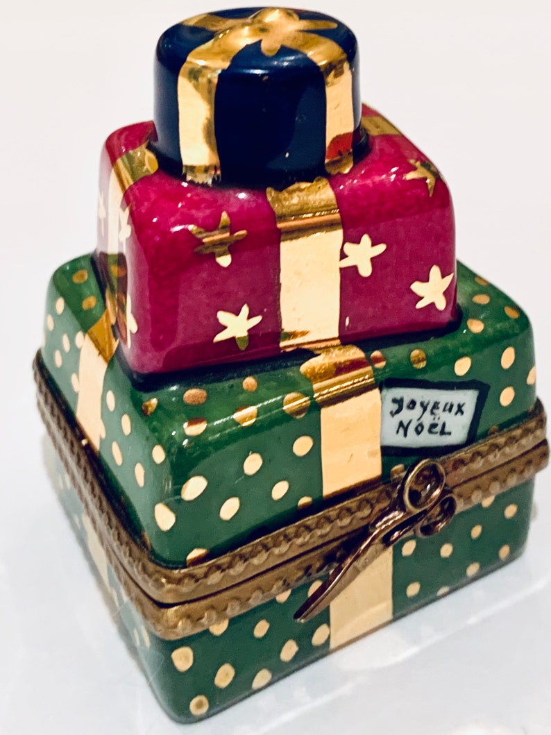 Limoges Stacked Christmas Presents Box with a Teddy Bear inside and Joyeux Noel on the Boxes...Retired...Mint!