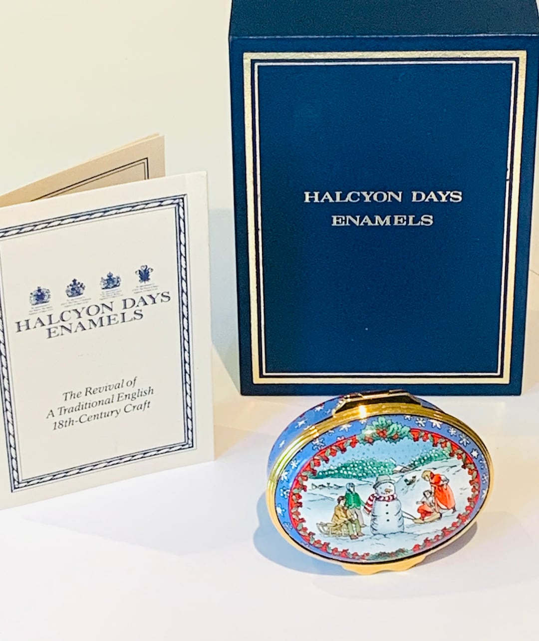 Halcyon Days Christmas Box With a Snowman, Family and Children on Sleds