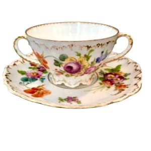 Antique Richard Klemm Dresden Bouillon Cup & Scalloped Saucer, Double Handles, c. 1891–1914