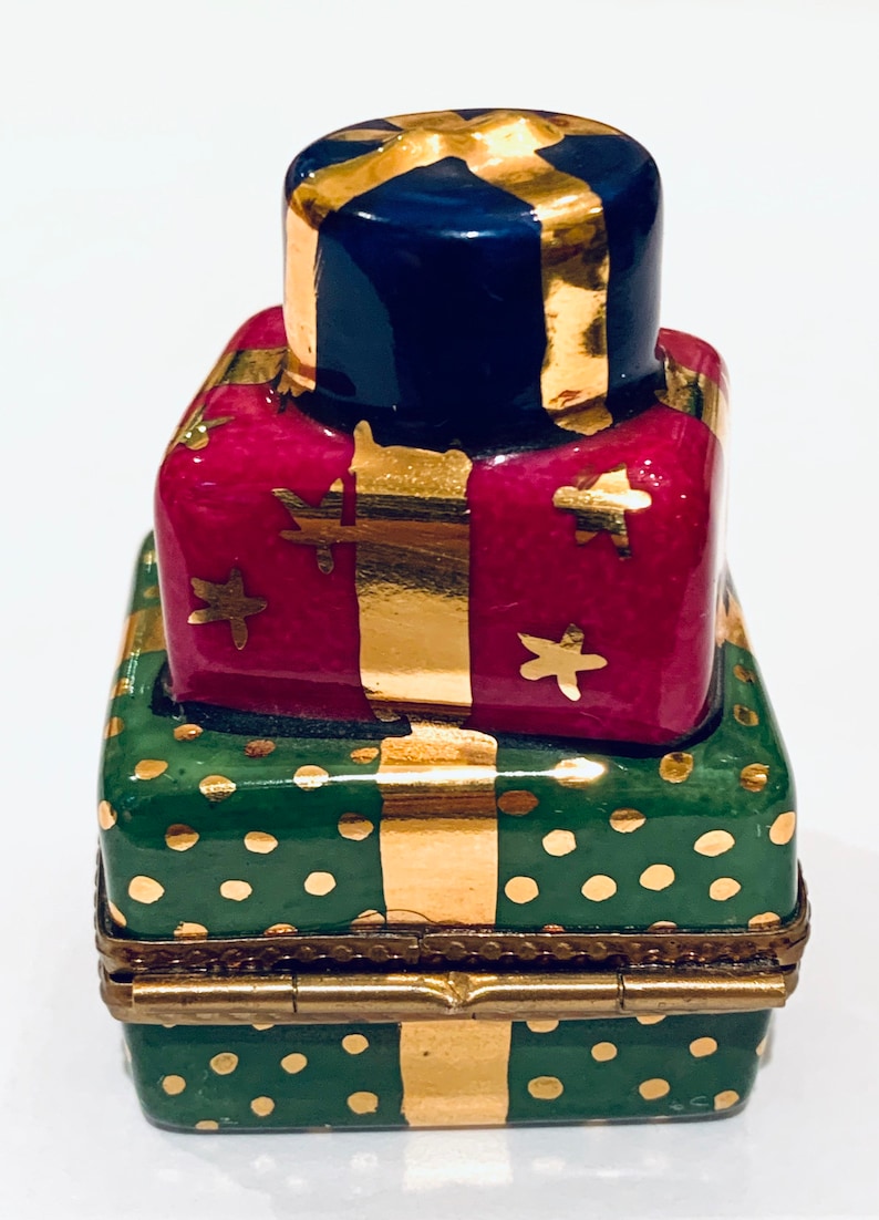 Limoges Stacked Christmas Presents Box with a Teddy Bear inside and Joyeux Noel on the Boxes...Retired...Mint!