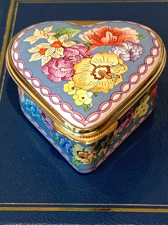Halcyon Days Heart Shape Enamel Box With Spring Flowers