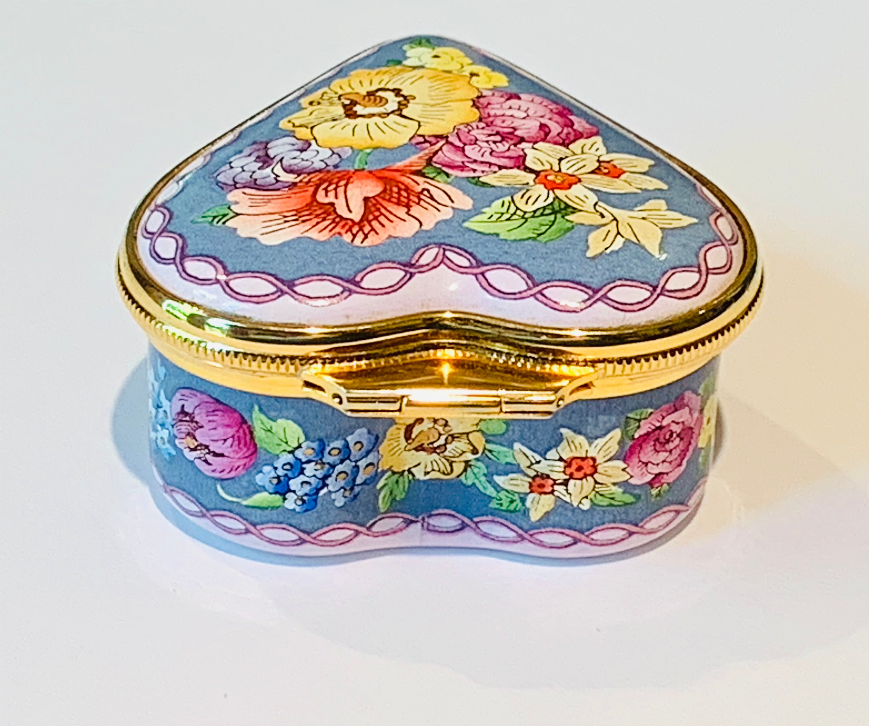 Halcyon Days Heart Shape Enamel Box With Spring Flowers
