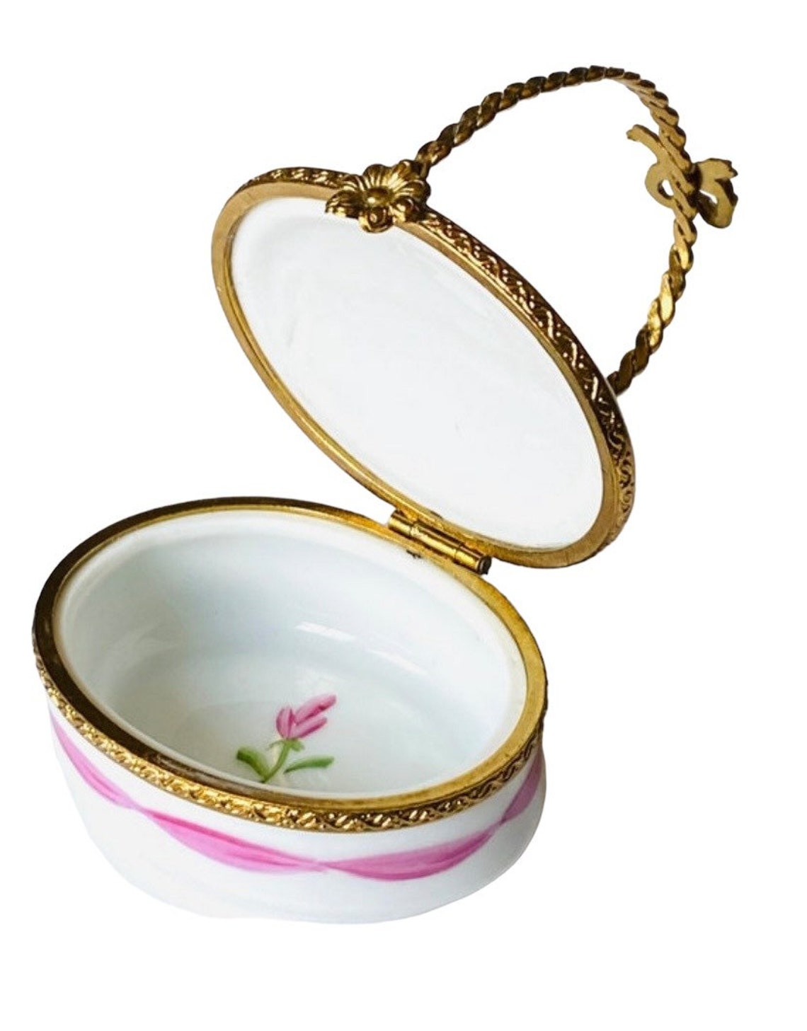 Limoges Basket With Hand Painted Flowers Woven Brass Handle Etsy