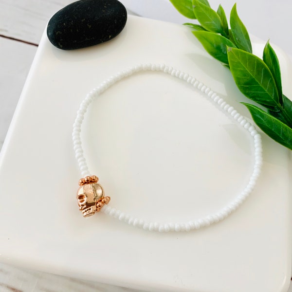 Rose Gold SKULL ANKLET, white seed beads, women