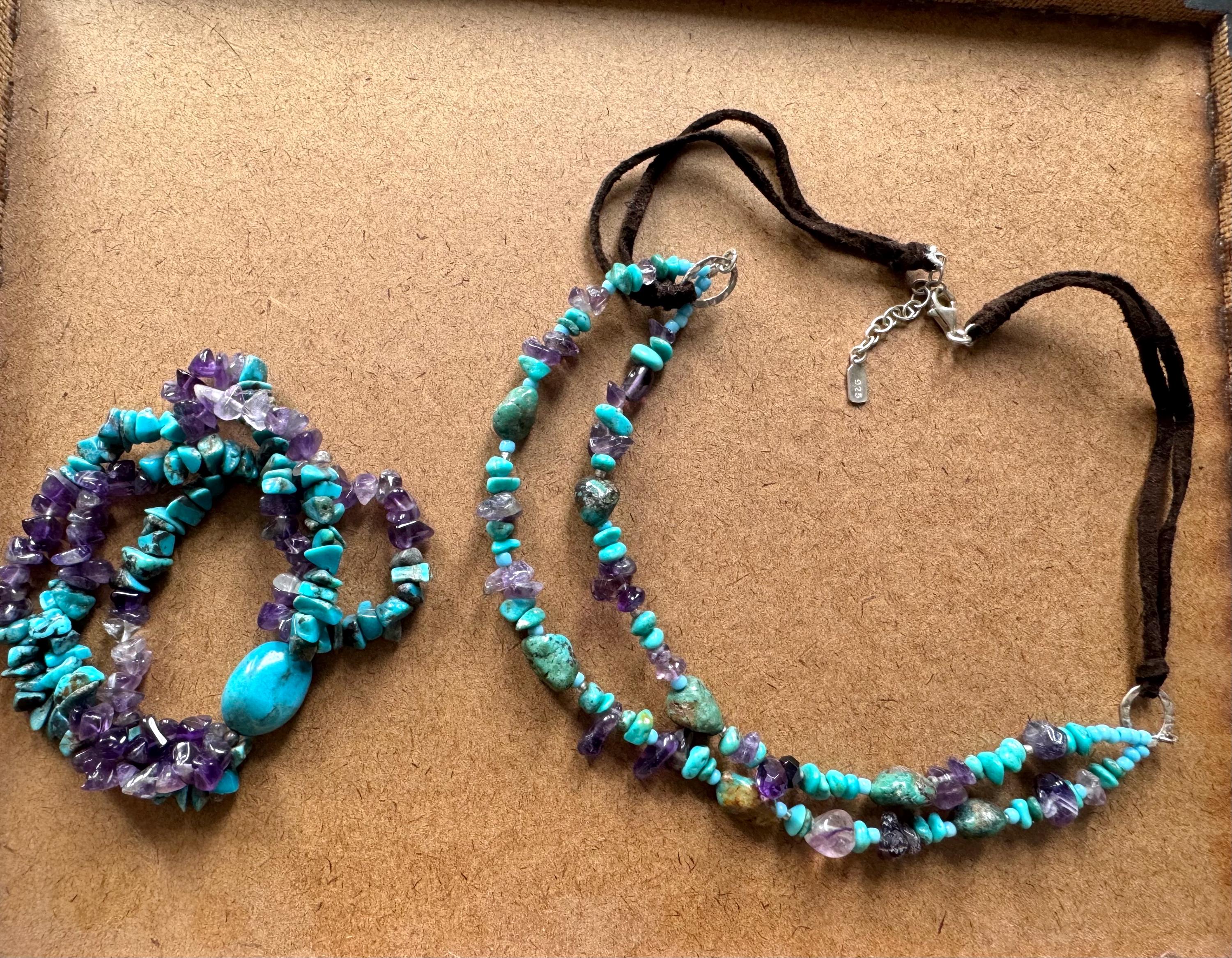 2pc Set Vintage Peyote Bird Necklace Earrings Turquoise Amethyst 925