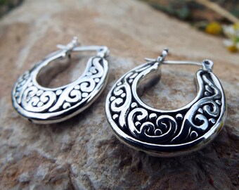 Bali Hoop Earrings Sterling Silver 925 Balinese Tribal Handmade Jewelry