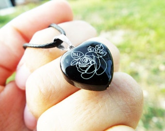 Heart Pendant Rose Flower Silver Black Onyx Gemstone Handmade Sterling 925 Love Necklace Jewelry Valentine