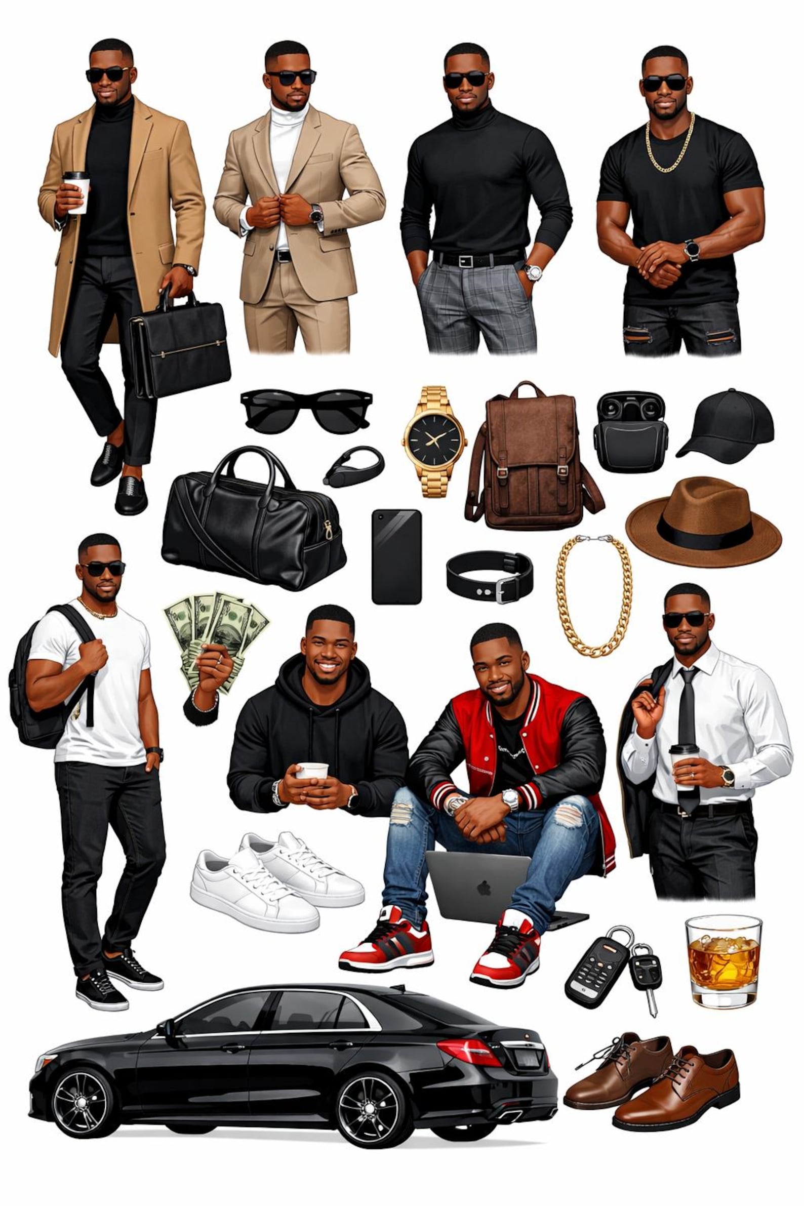 Stylish Black Men Fashion Clipart Bundle, African American Male PNG Set ...