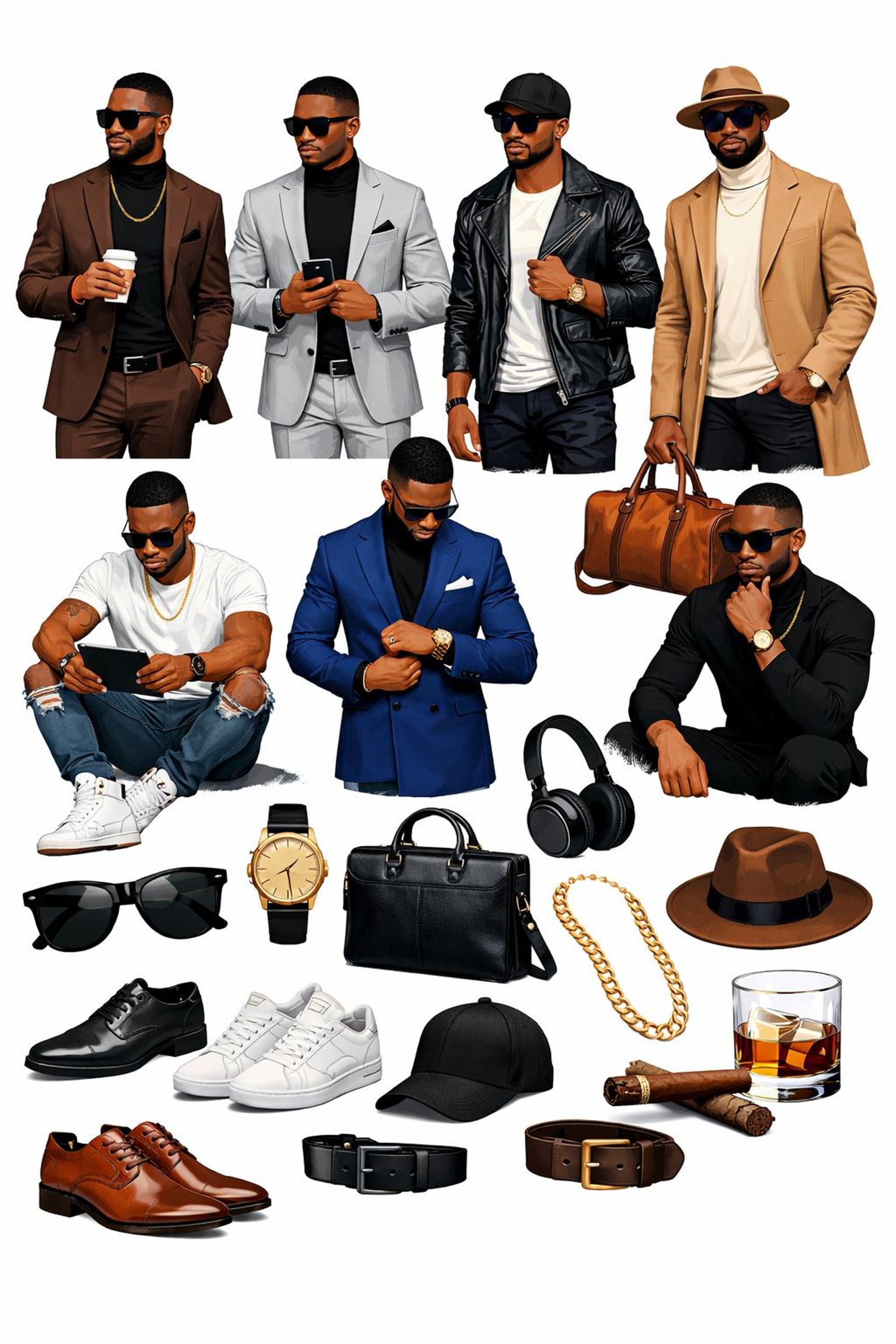 Stylish Black Men Fashion Clipart Bundle, African American Male PNG Set ...