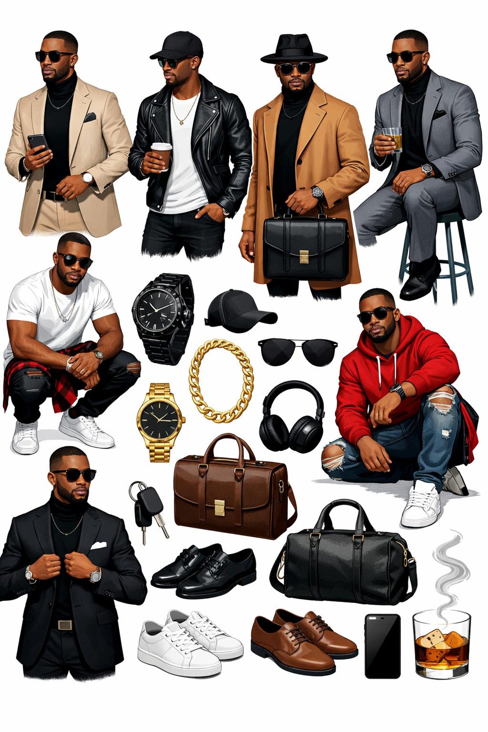 Stylish Black Men Fashion Clipart Bundle, African American Male PNG Set ...