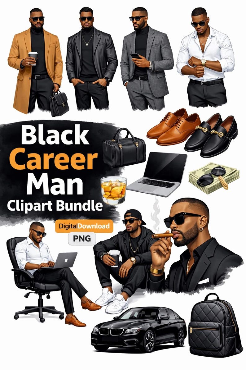 Stylish Black Men Fashion Clipart Bundle, African American Male PNG Set ...