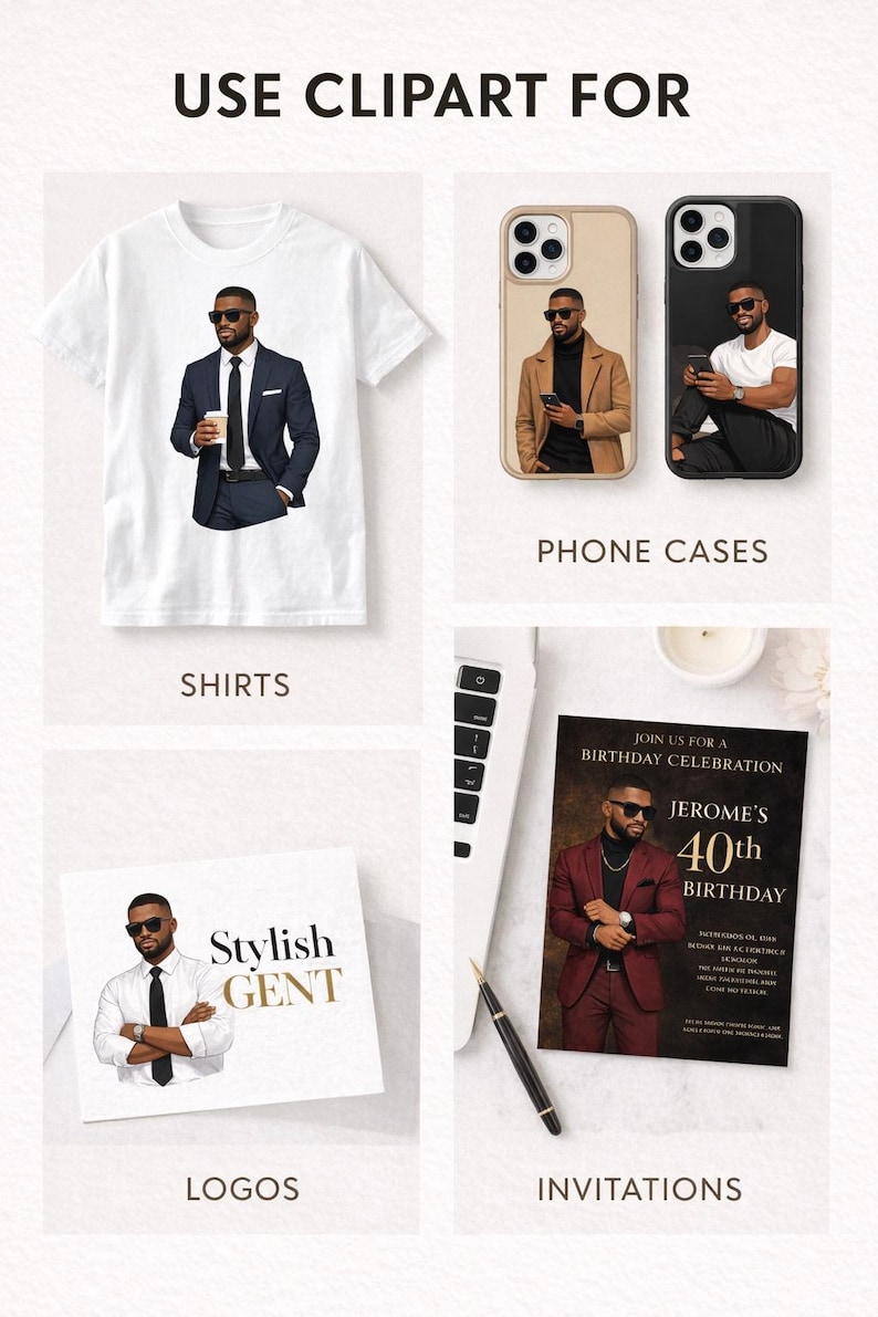 Stylish Black Men Fashion Clipart Bundle, African American Male PNG Set ...