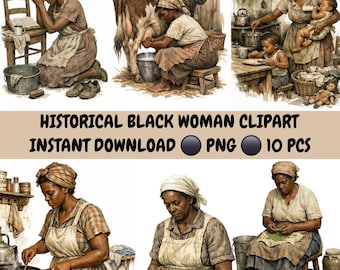 Black Woman | Vintage Daily Life Clipart PNG Bundle | African American Woman Cottagecore Art | Faith | Printable Digital
