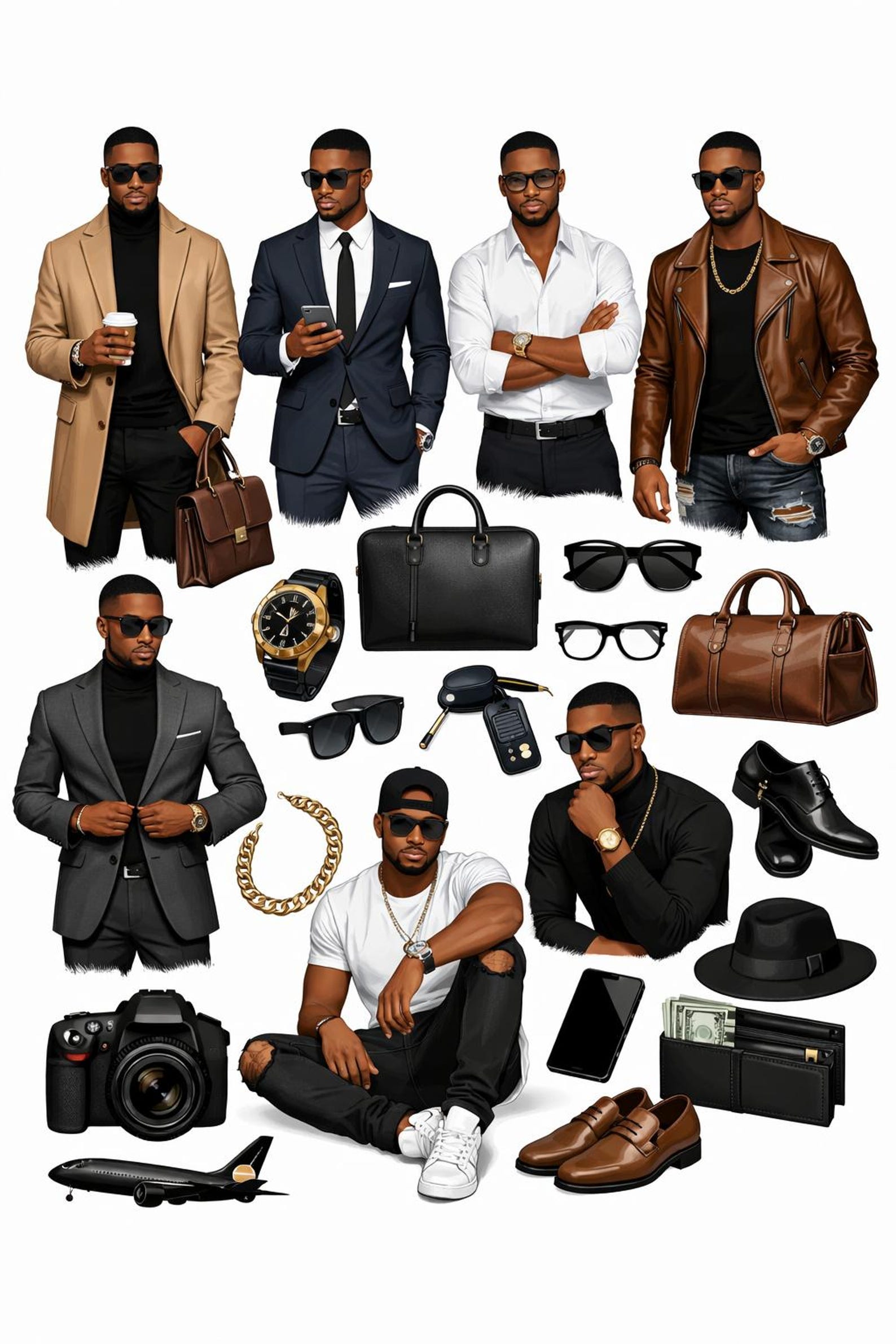 Stylish Black Men Fashion Clipart Bundle, African American Male PNG Set ...