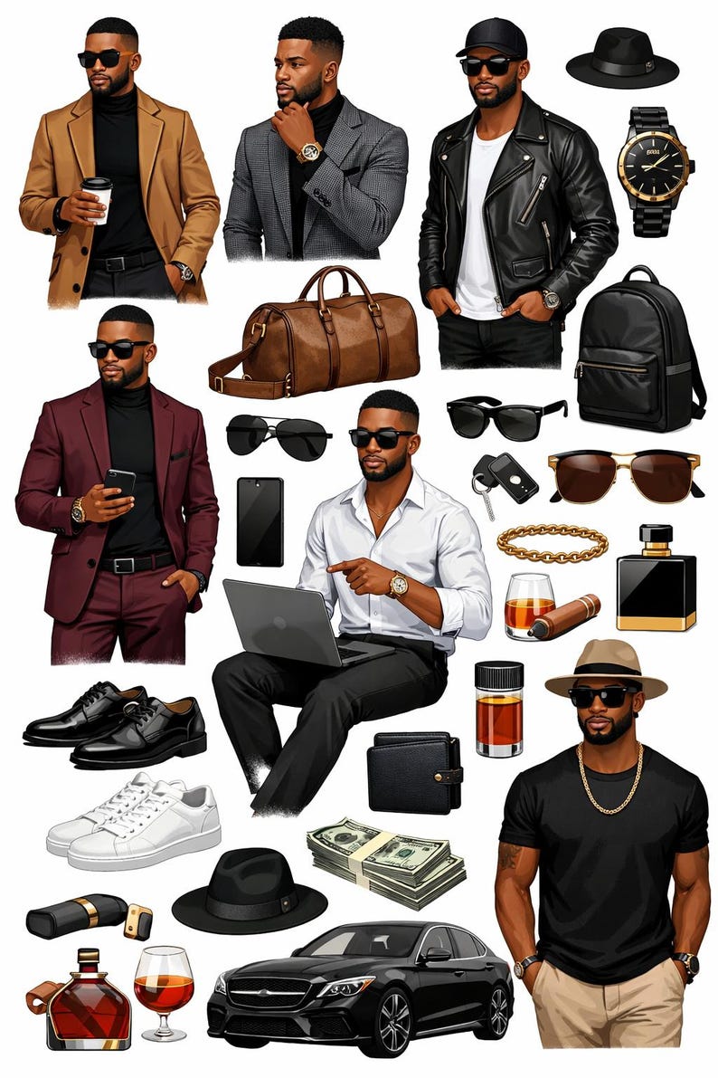Stylish Black Men Fashion Clipart Bundle, African American Male PNG Set ...