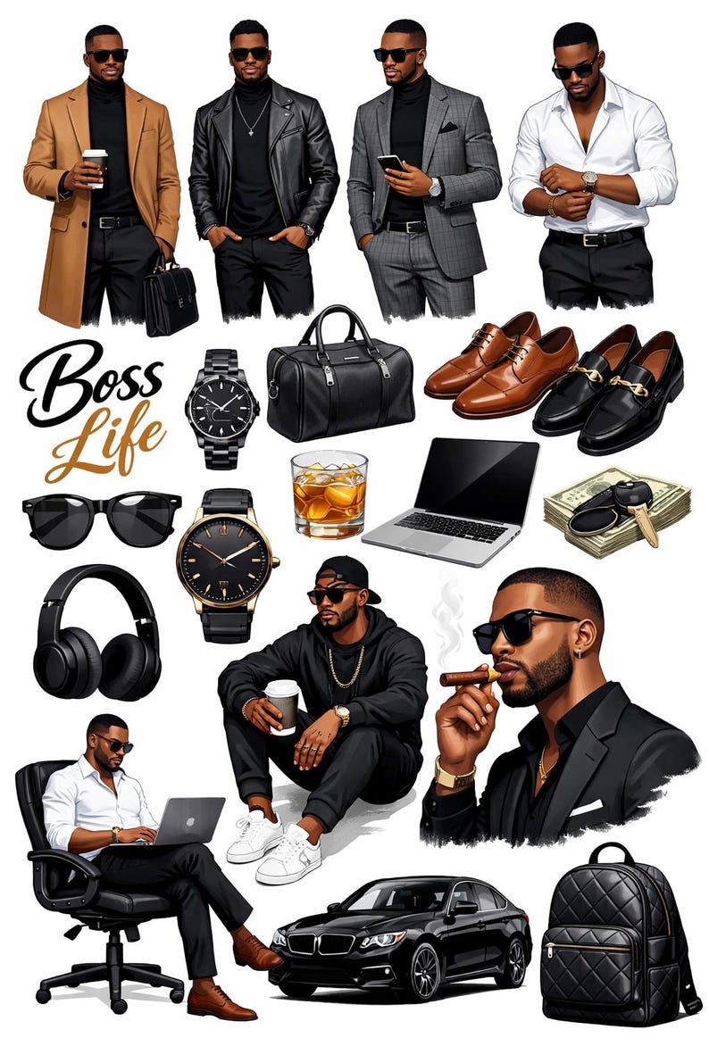 Stylish Black Men Fashion Clipart Bundle, African American Male PNG Set ...